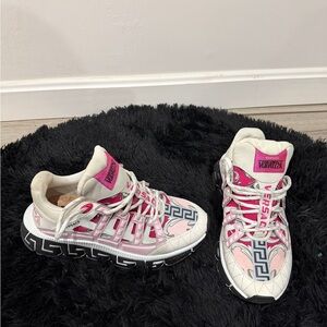 Versace Women's Pink and White Graphic Sneakers